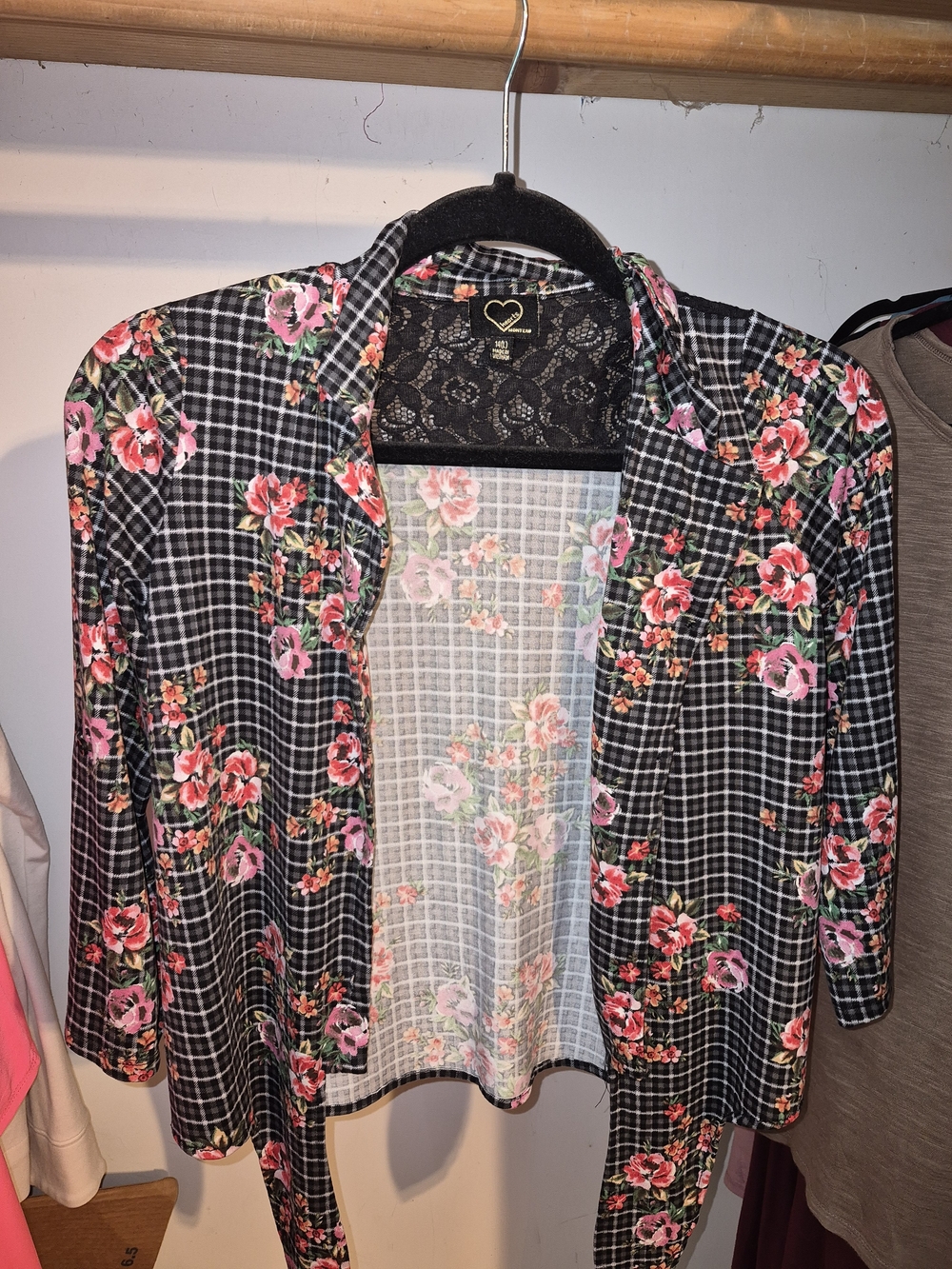 Floral Plaid Open Cardigan - Pink Roses on Black